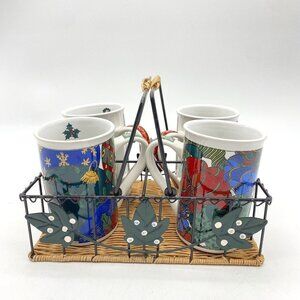 VTG‎ 90s Christmas Porcelain Mug Set of 4 Metal Wicker Caddy Holiday Festive Y2K